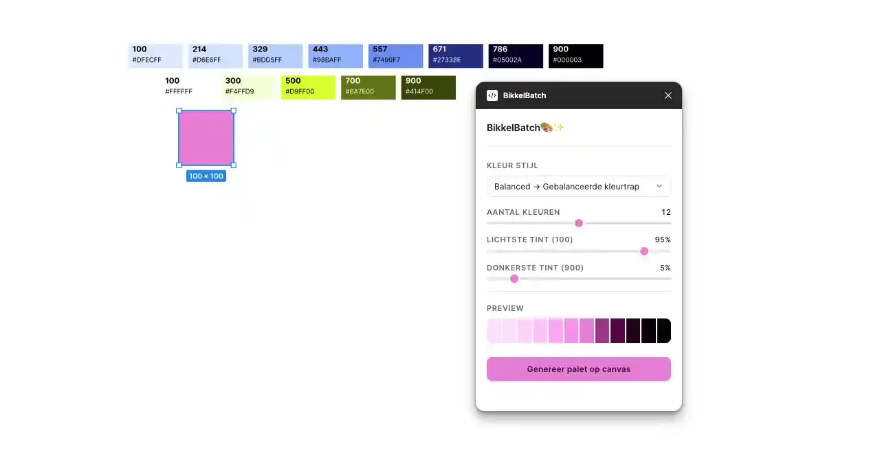 BikkelBatch plugin-interface naast een geselecteerde kleur en gegenereerd palet in Figma