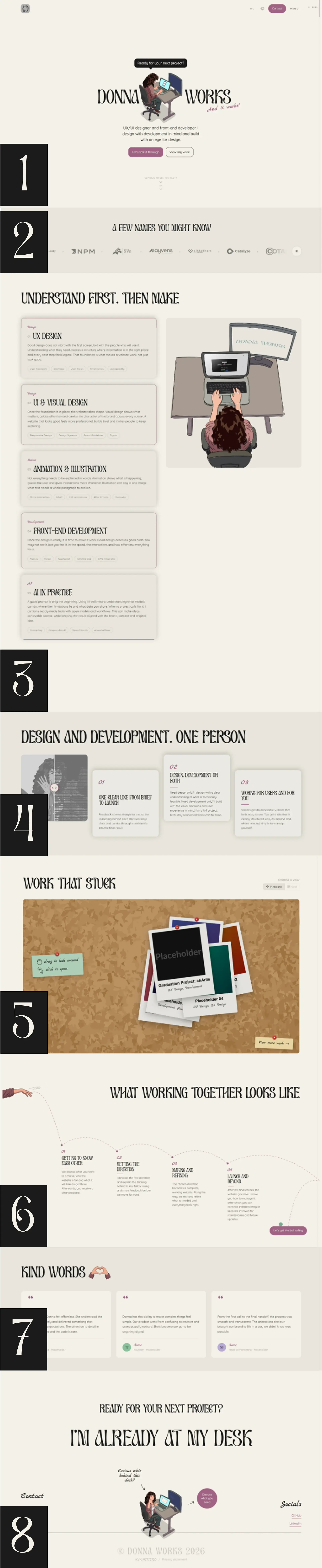 Full Donna Works homepage with a deliberate section order