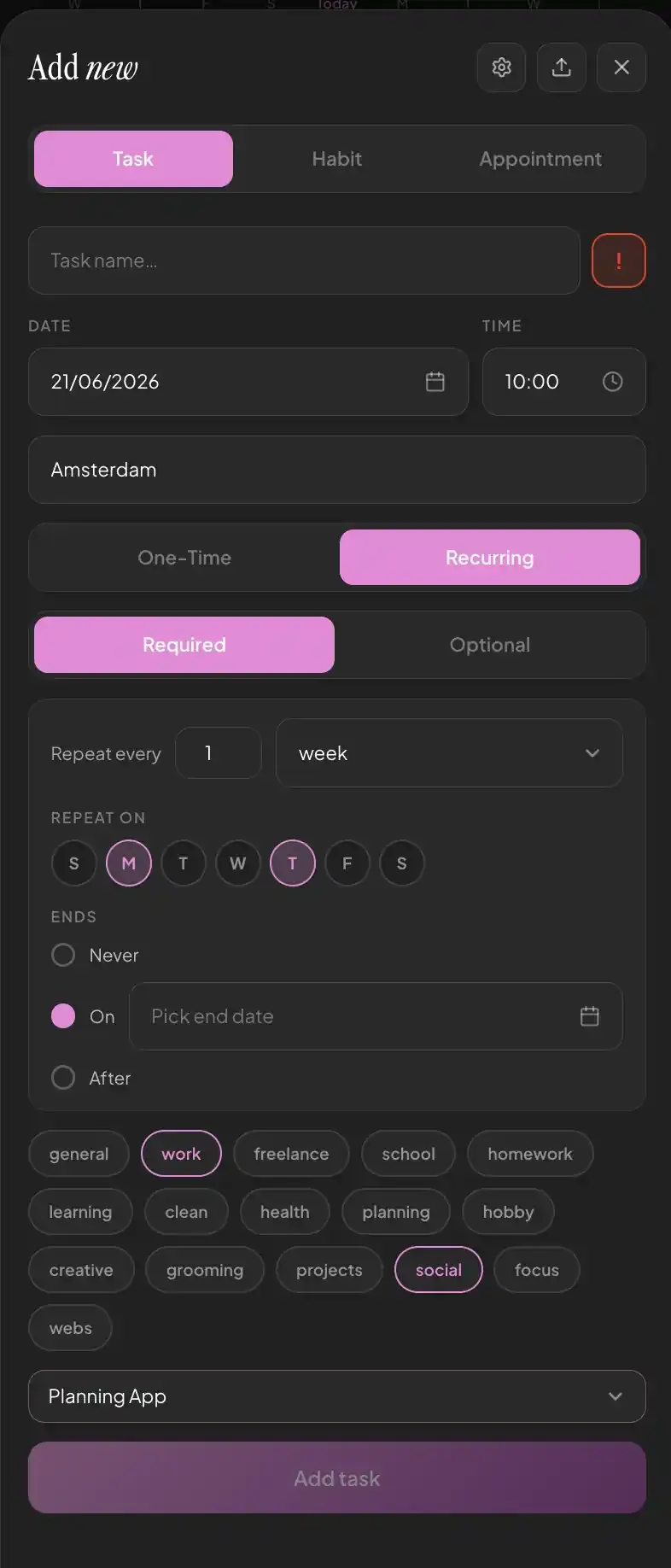 Extended menu to add an item