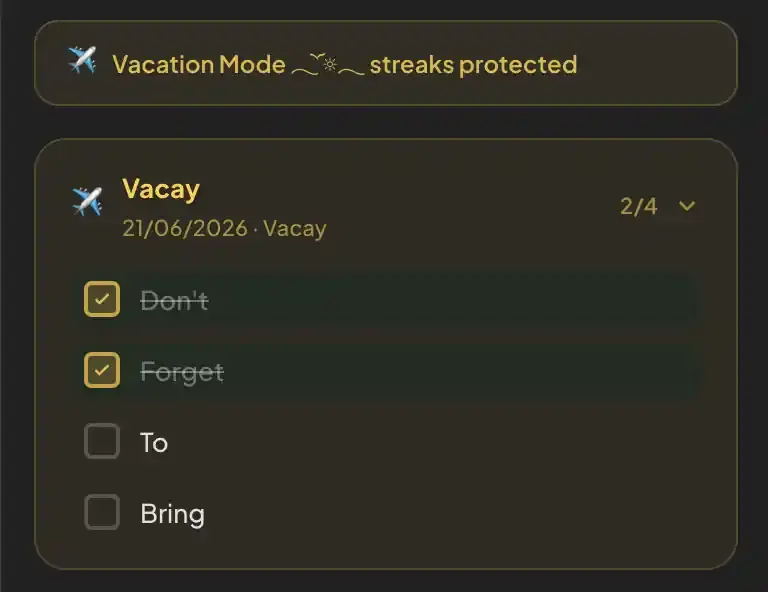 Vacation mode with packing list
