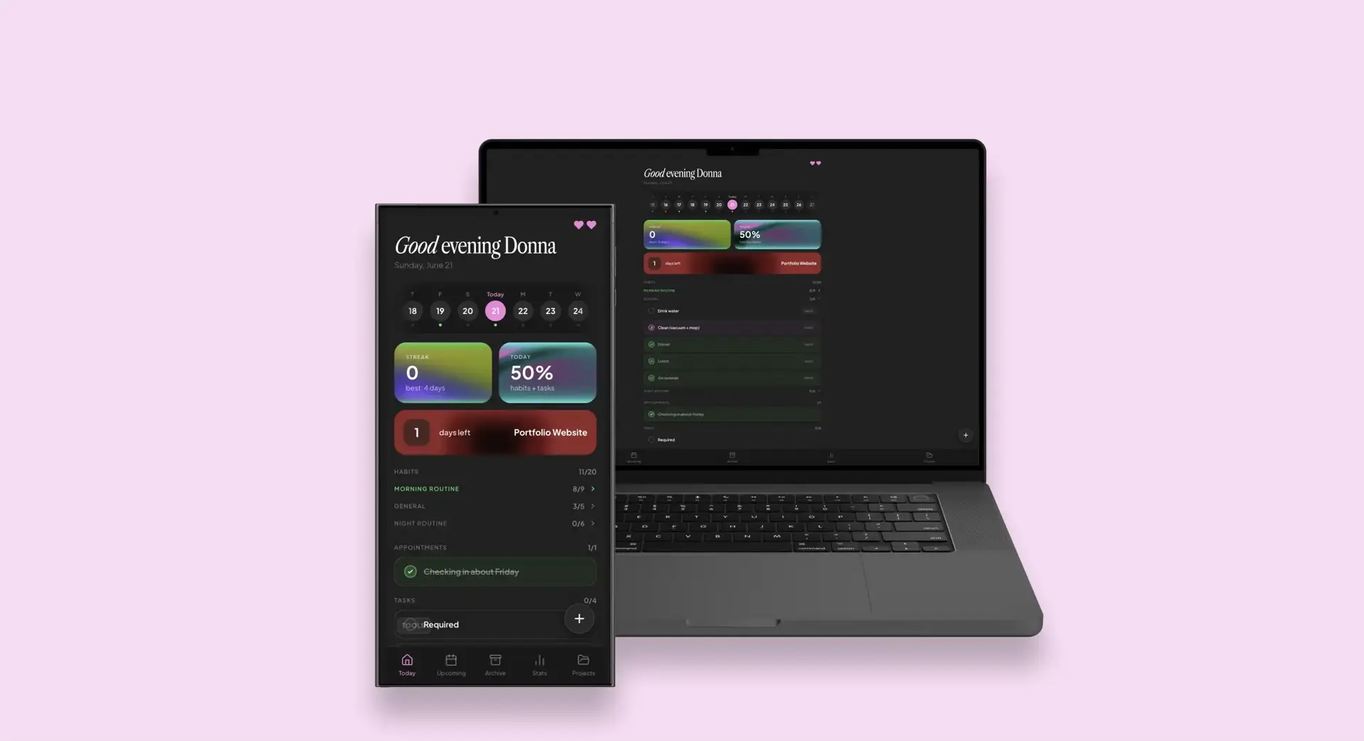 Dashboard of the planning app